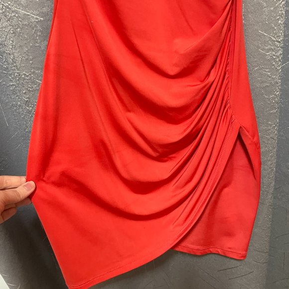 CRISTINA Tangerine Bright Orange Bodycon Wrap Mini Dress w Rhinestones - Sz M - Picture 6 of 9